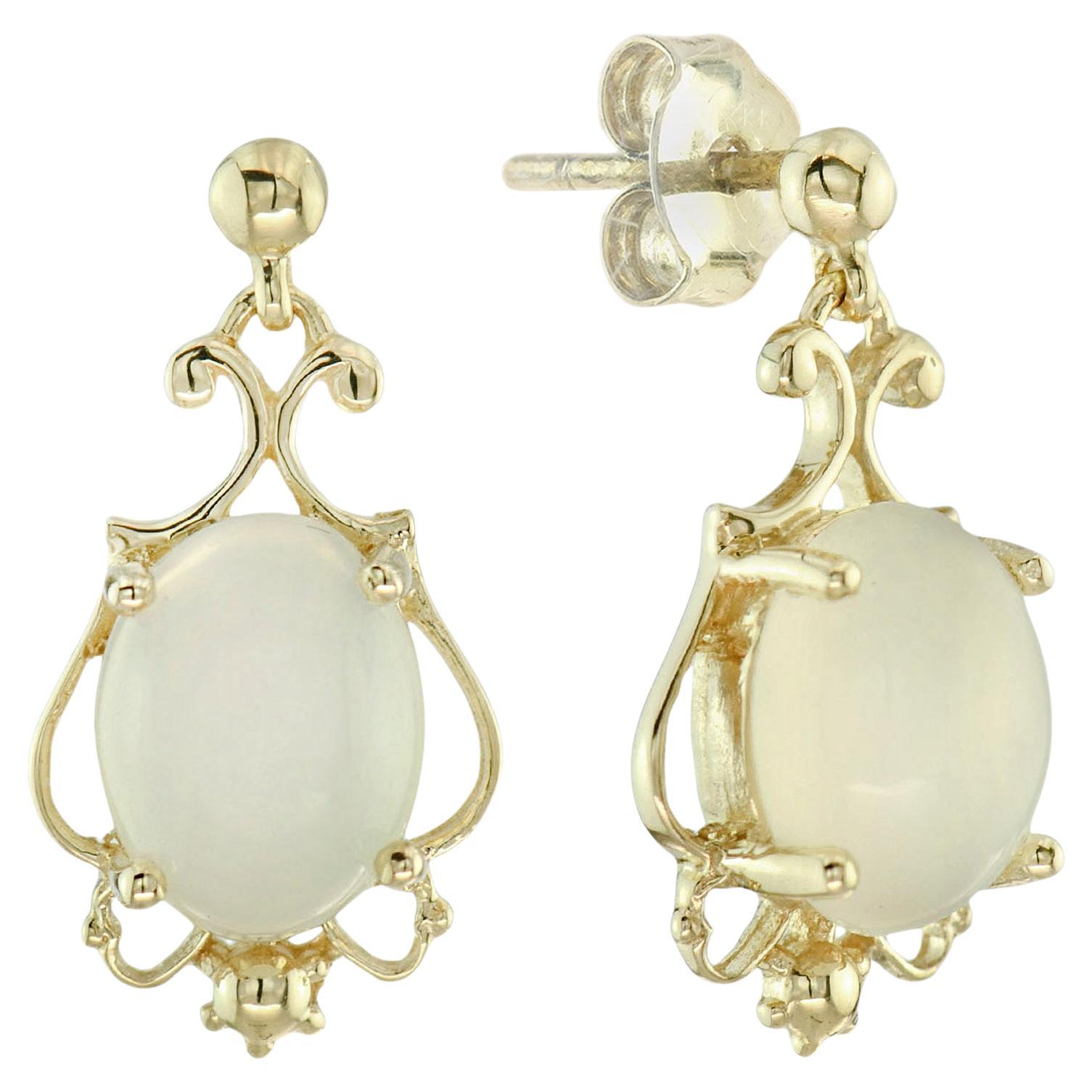 Natürlicher ovaler Mondstein im Vintage-Stil Tropfenohrring aus massivem 9K Gelbgold