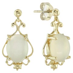 Boucles d'oreilles pendantes en or jaune 9 carats, pierre de lune ovale naturelle, style vintage