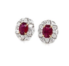 Natural Oval Mozambique Ruby and Diamond Stud Earrings in 18K White Gold