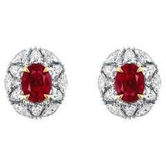 Natural Oval Mozambique Ruby and Diamond Stud Earrings in 18K White Gold