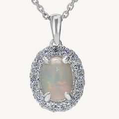 Natural Oval Opal and White Diamond 1.08 Carat TW White Gold Drop Pendant