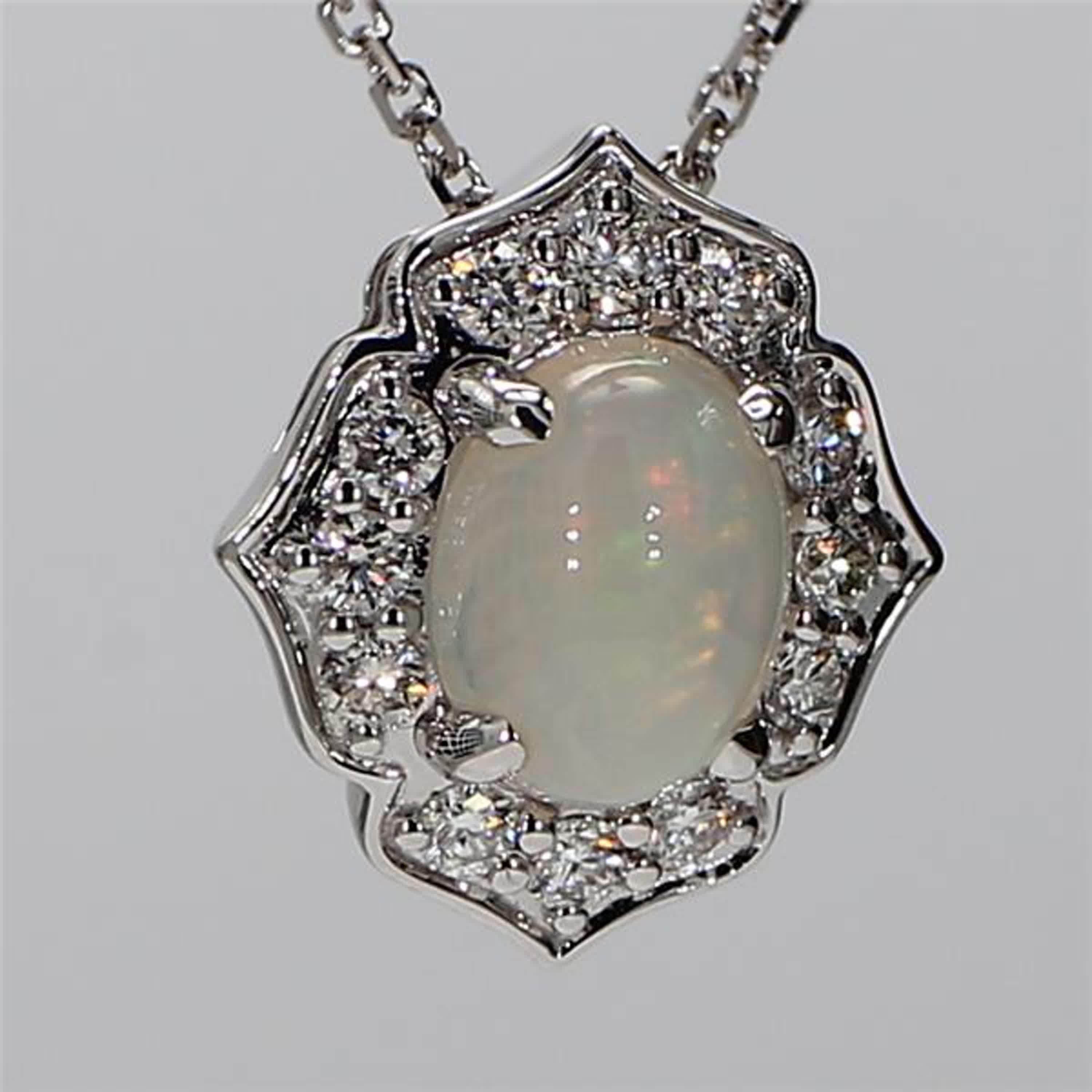 Natural Oval Opal and White Diamond 1.14 Carat TW White Gold Drop Pendant 1