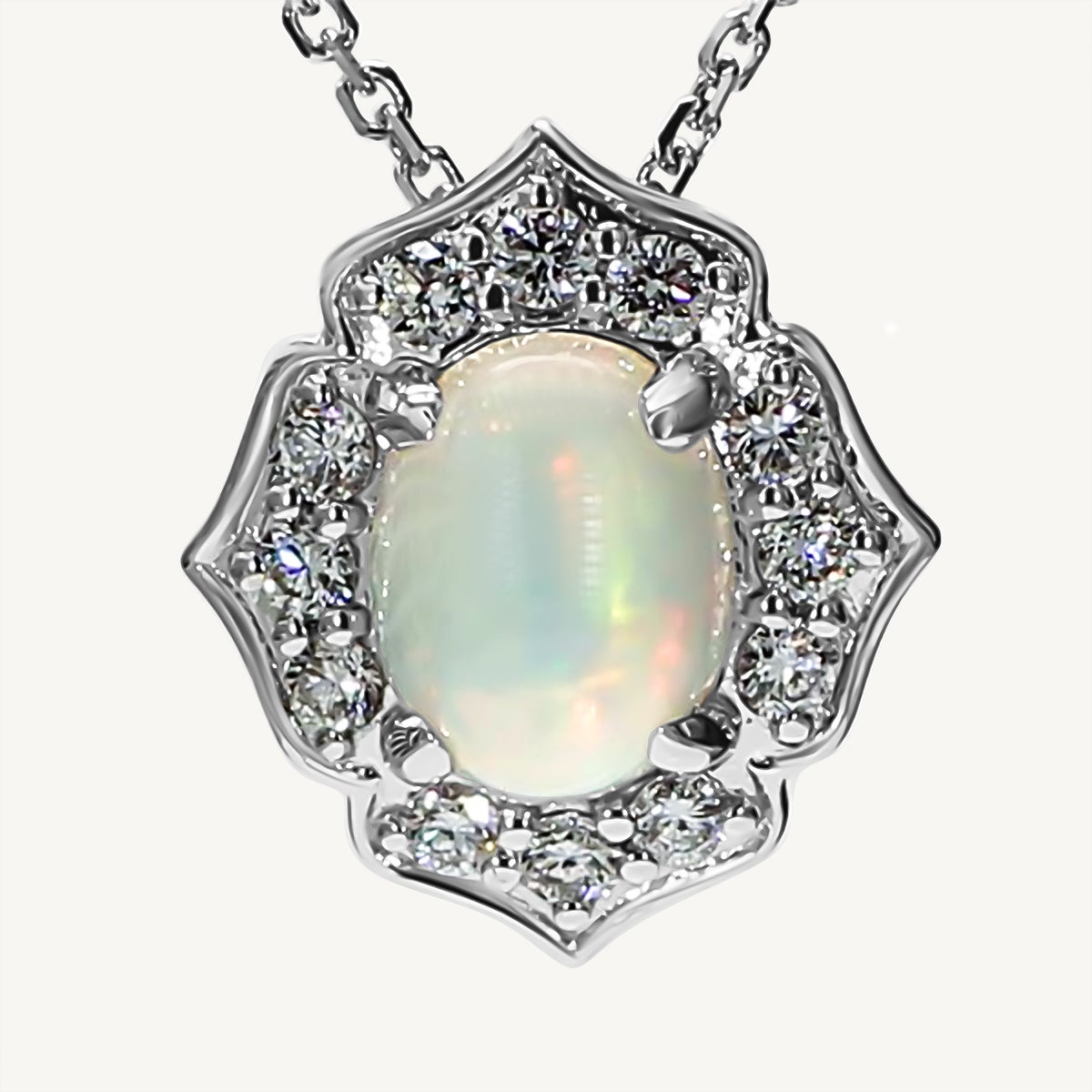 Natural Oval Opal and White Diamond 1.14 Carat TW White Gold Drop Pendant