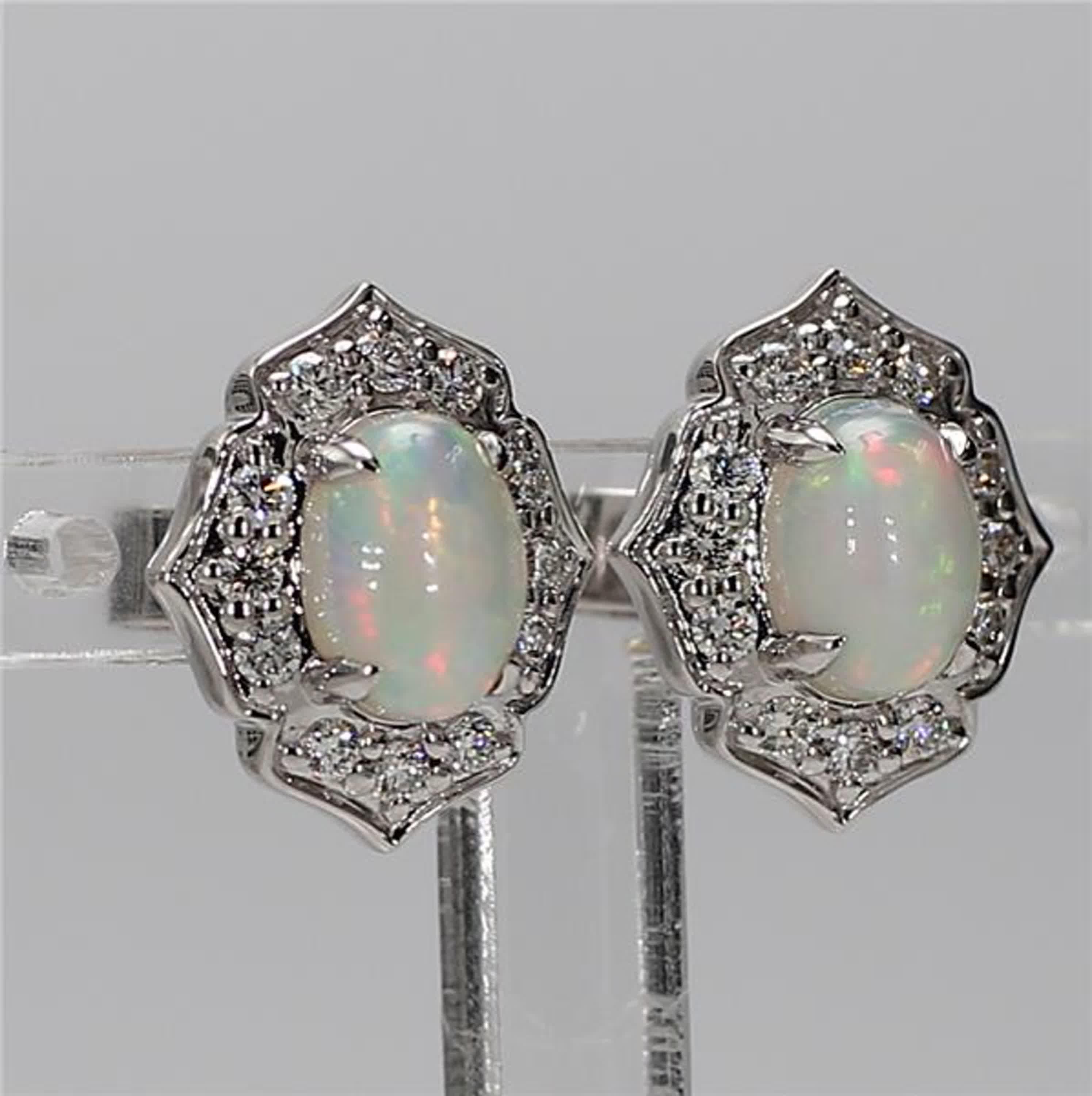 Natural Oval Opal and White Diamond 1.57 Carat TW White Gold Stud Earrings 1