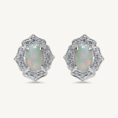 Natural Oval Opal and White Diamond 1.57 Carat TW White Gold Stud Earrings