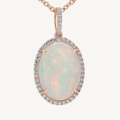 Natural Oval Opal and White Diamond 3.30 Carat TW Rose Gold Drop Pendant