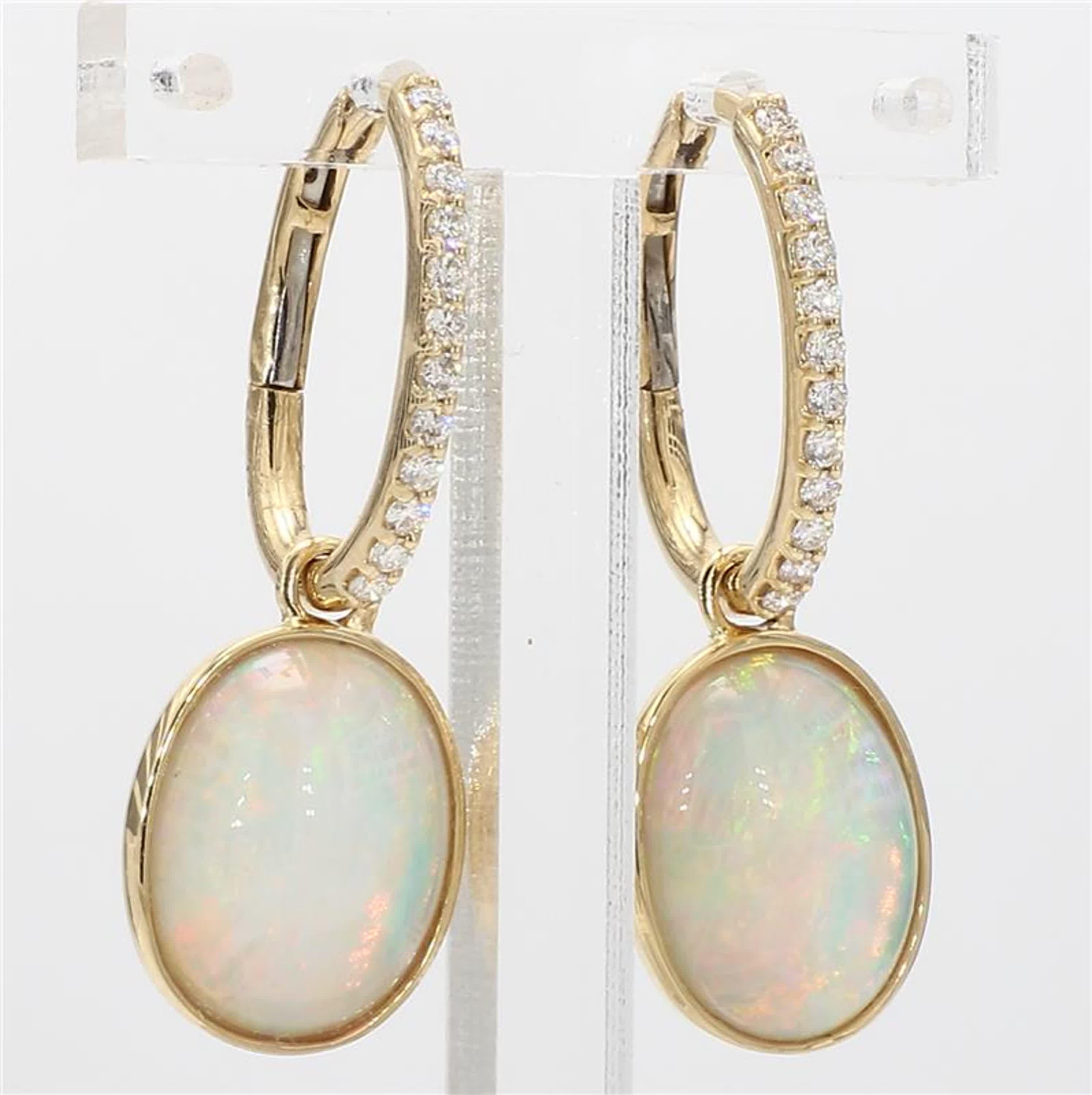 Women's Natural Oval Opal and White Diamond 4.30 Carat TW Yellow Gold Drop Earrings For Sale
