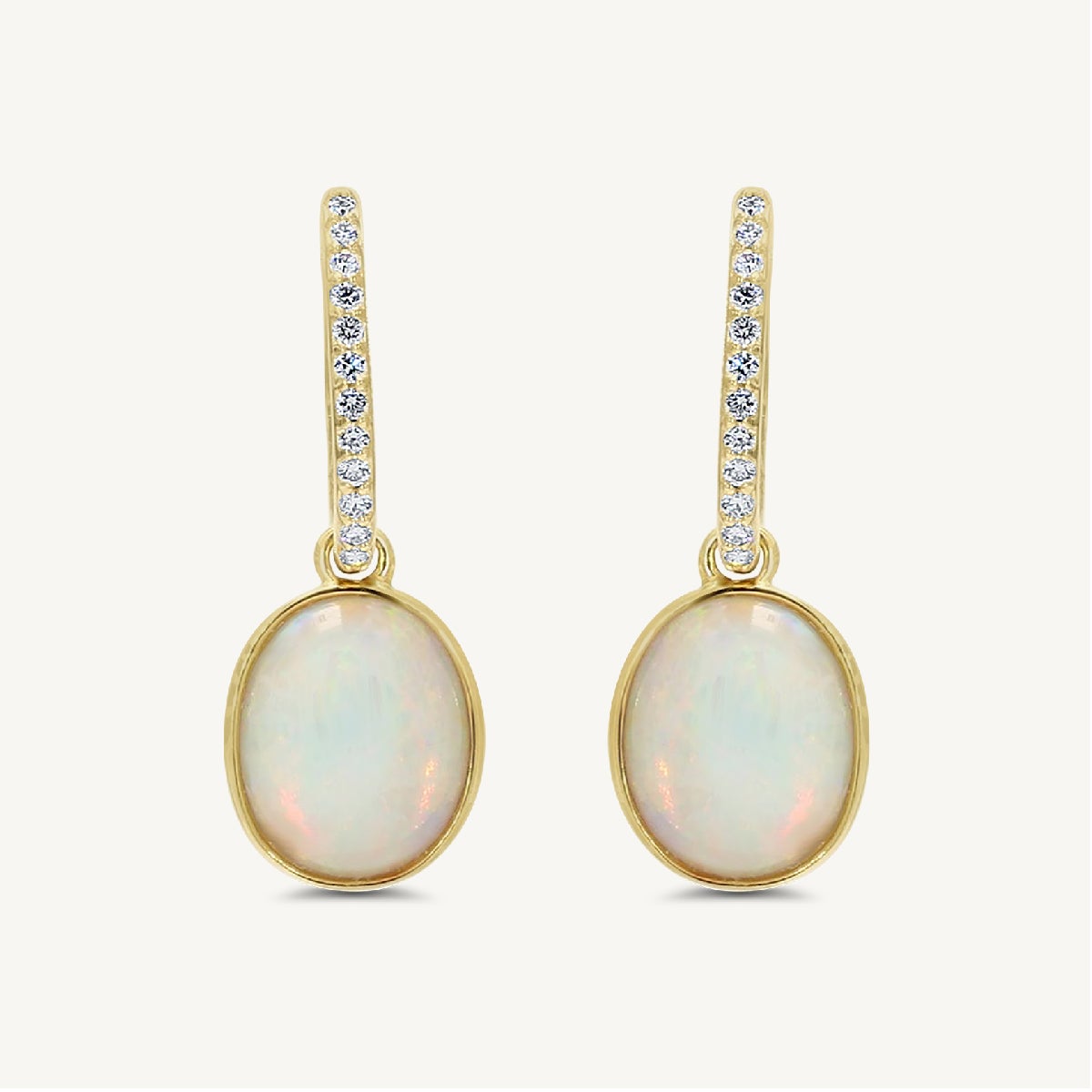 Natural Oval Opal and White Diamond 4.30 Carat TW Yellow Gold Drop Earrings For Sale