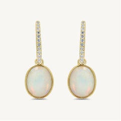 Natural Oval Opal and White Diamond 4.30 Carat TW Yellow Gold Drop Earrings