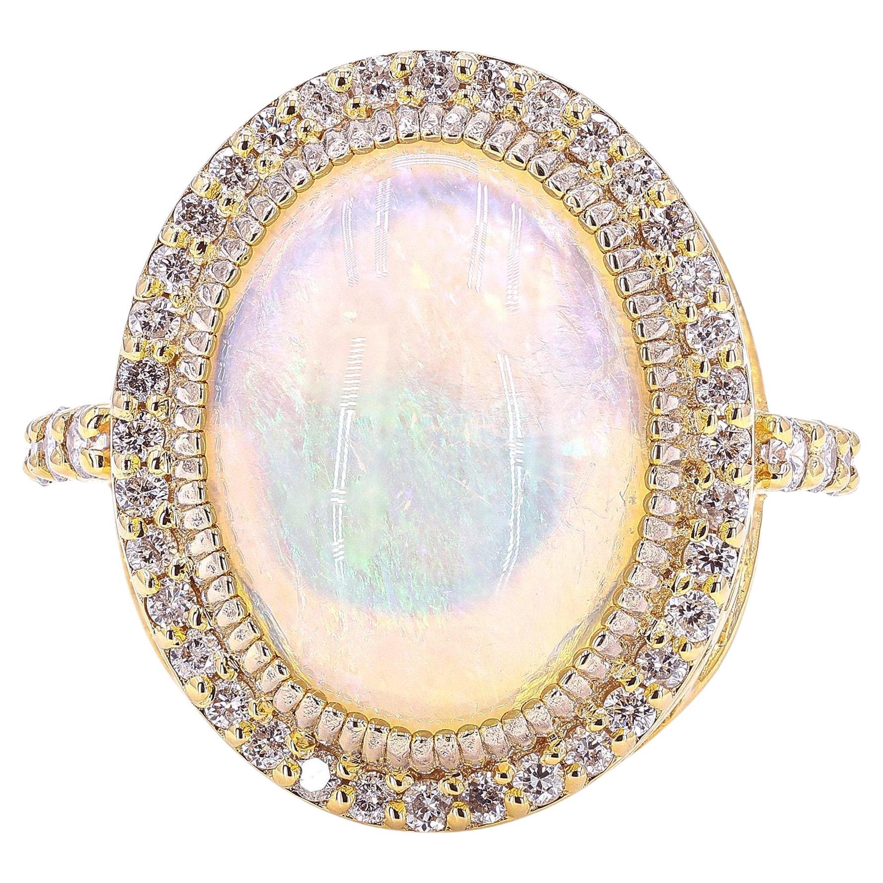 Natural Oval Opal Diamond Halo Statement Ring in 14k Solid Gold (Certified)