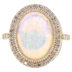 Natural Oval Opal Diamond Halo Statement Ring in 14k Solid Gold (Certified)