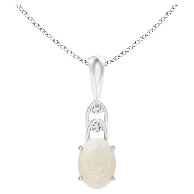 Natural Oval Opal Solitaire Pendant with Diamonds in 14K White Gold