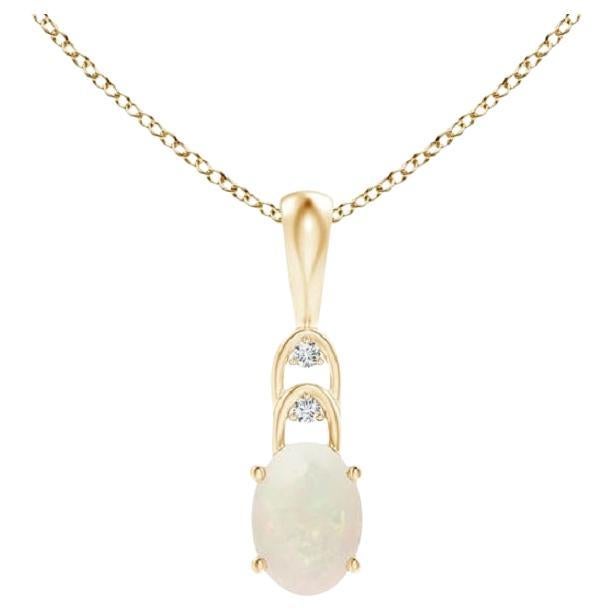 Natural Oval Opal Solitaire Pendant with Diamonds in 18K Yellow Gold