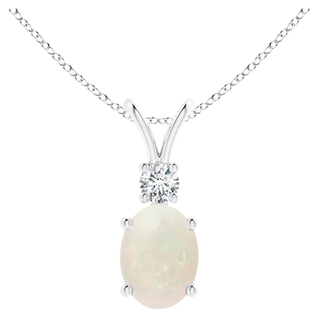 Natürlicher ovaler Opal V-Bale-Anhänger mit Diamant-Akzent aus 14 Karat Weißgold