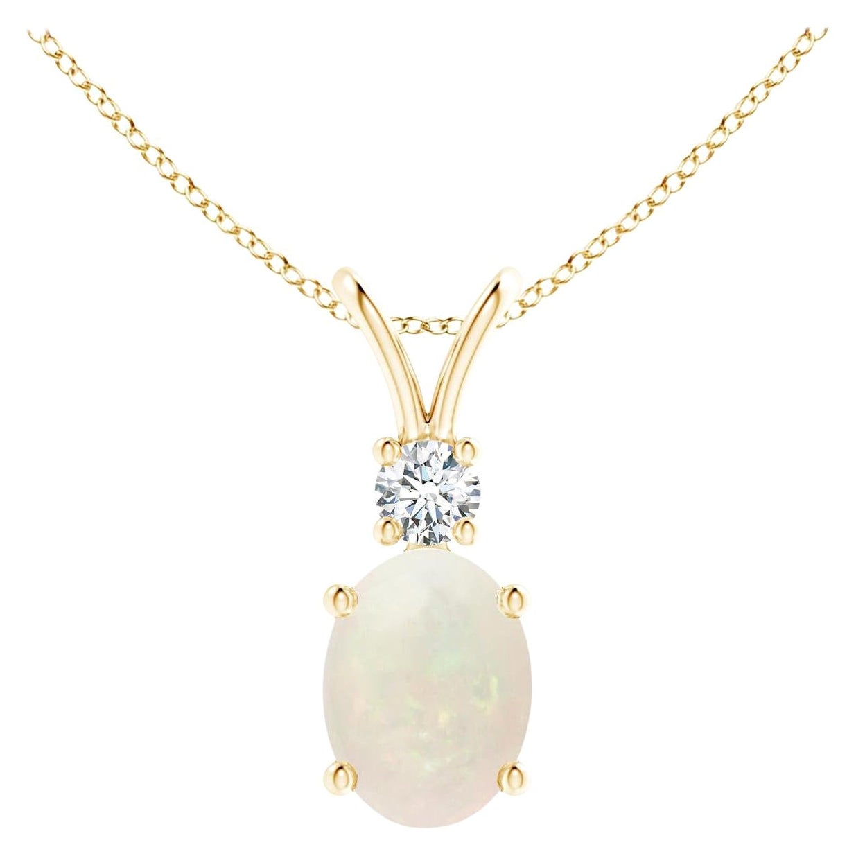 Natürlicher ovaler Opal V-Bale-Anhänger mit Diamant-Akzent aus 14 Karat Gelbgold