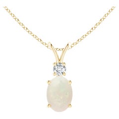 Natural Oval Opal V-Bale Pendant with Diamond Accent in 18K Yellow Gold