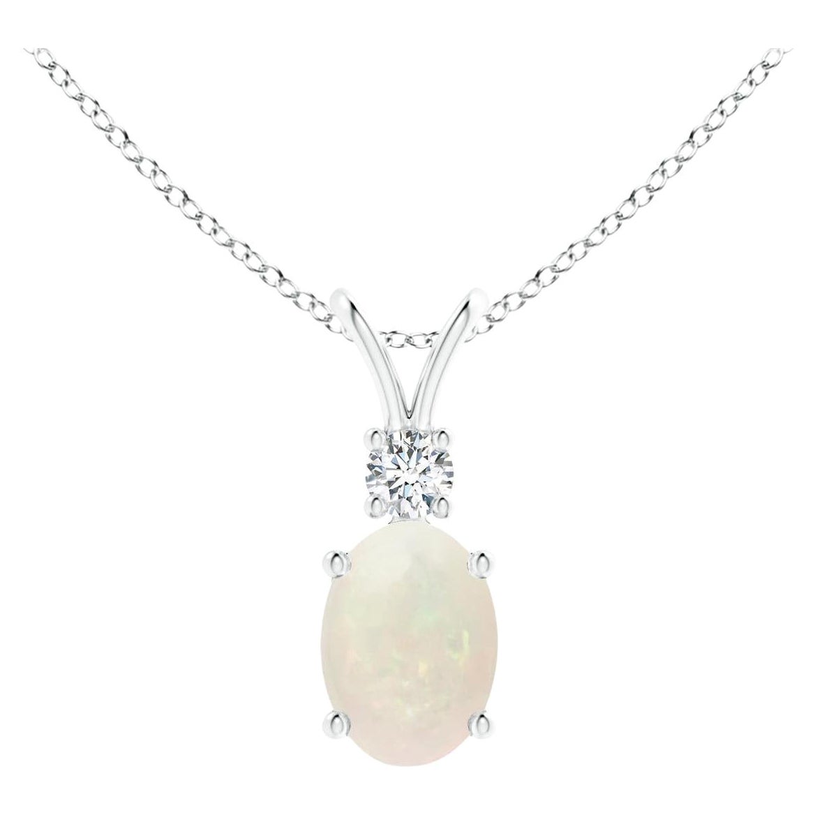 Natural Oval Opal V-Bale Pendant with Diamond Accent in Platinum