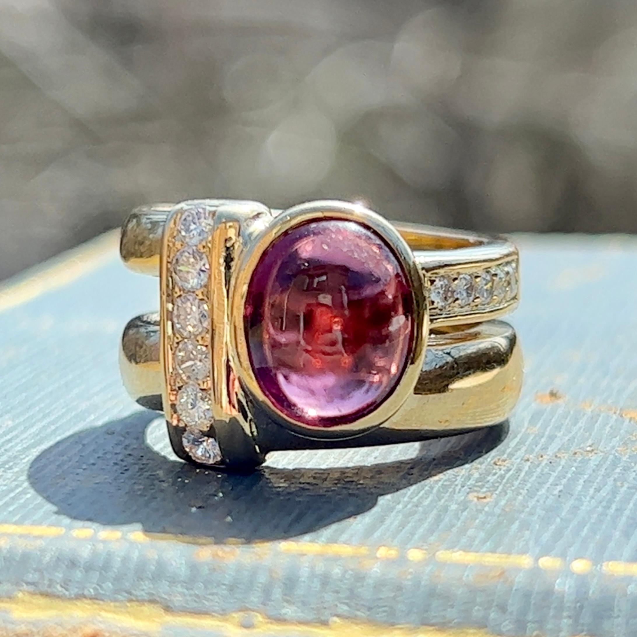 Natural Oval Pink Rhodolite Garnet and Diamond Ring in 18K Gold 1