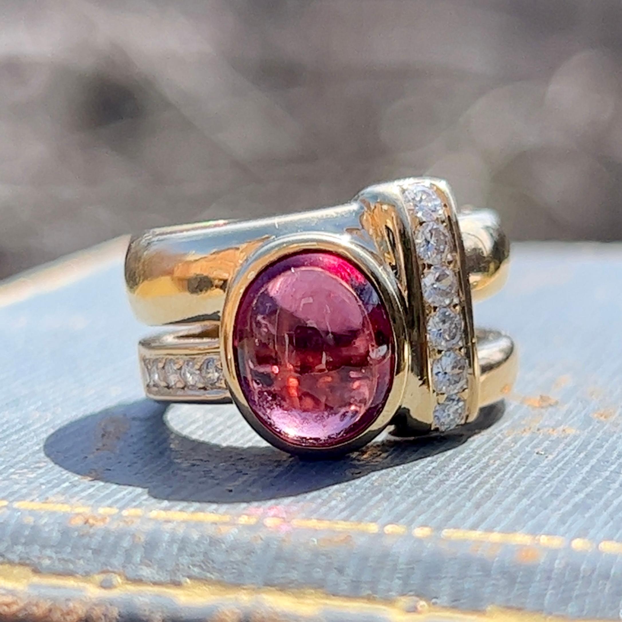 Natural Oval Pink Rhodolite Garnet and Diamond Ring in 18K Gold 2