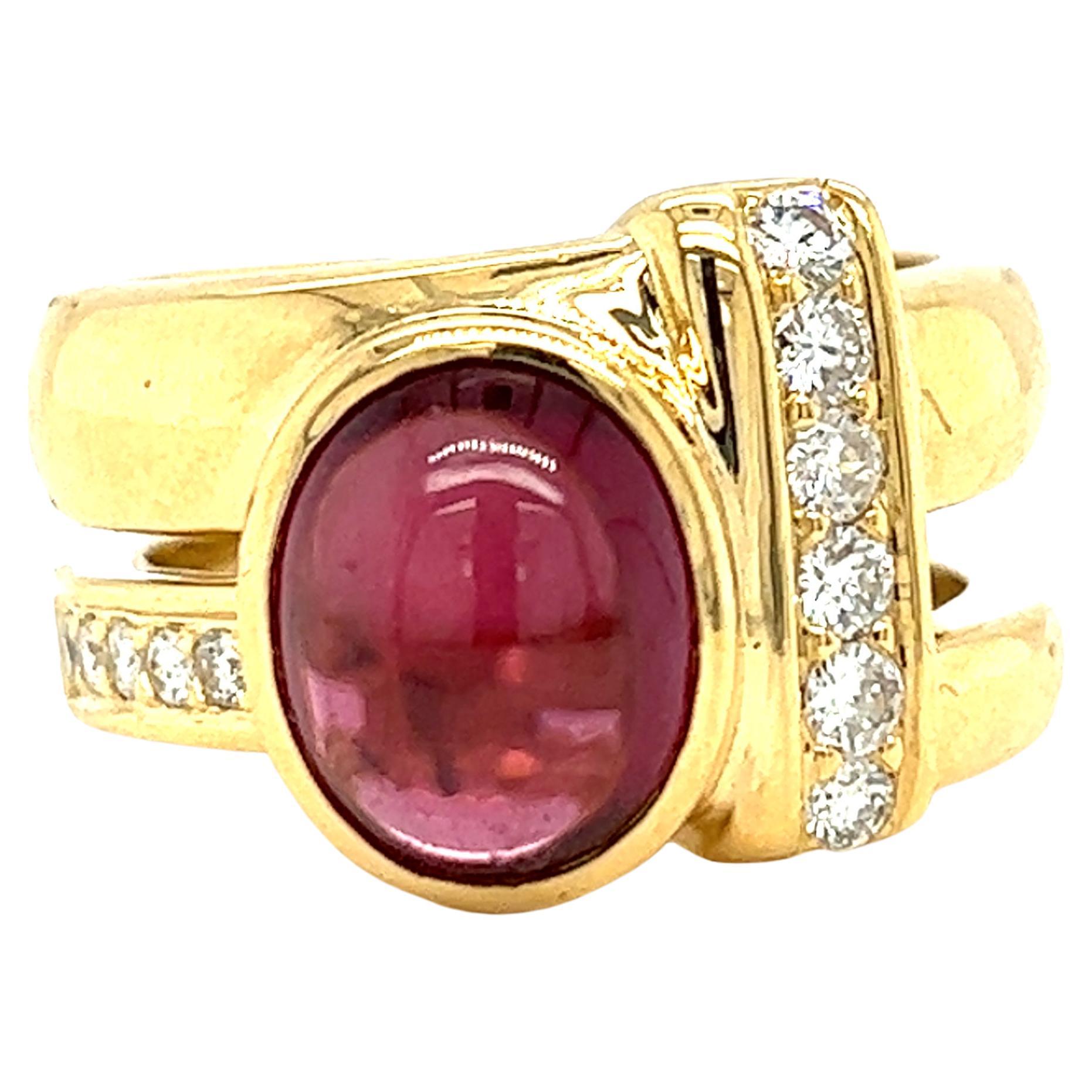Natural Oval Pink Rhodolite Garnet and Diamond Ring in 18K Gold