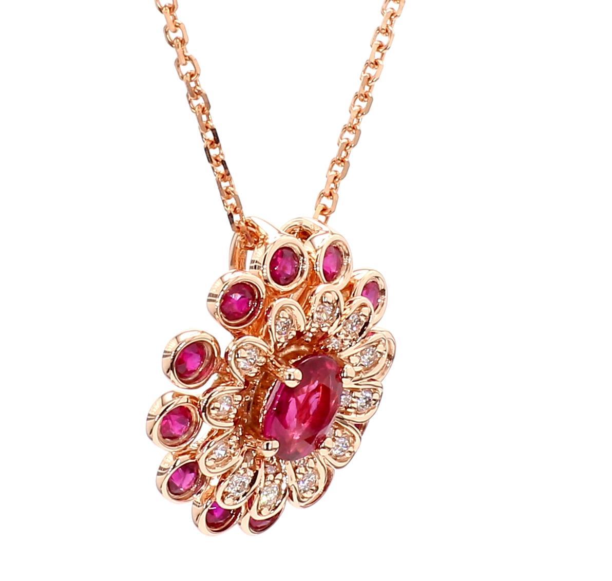 Natural Oval Red Ruby and White Diamond 0.89 Carat TW Gold Drop Pendant Corte oval en venta