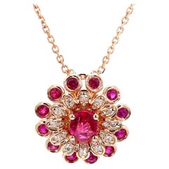 Natural Oval Red Ruby and White Diamond 0.89 Carat TW Gold Drop Pendant