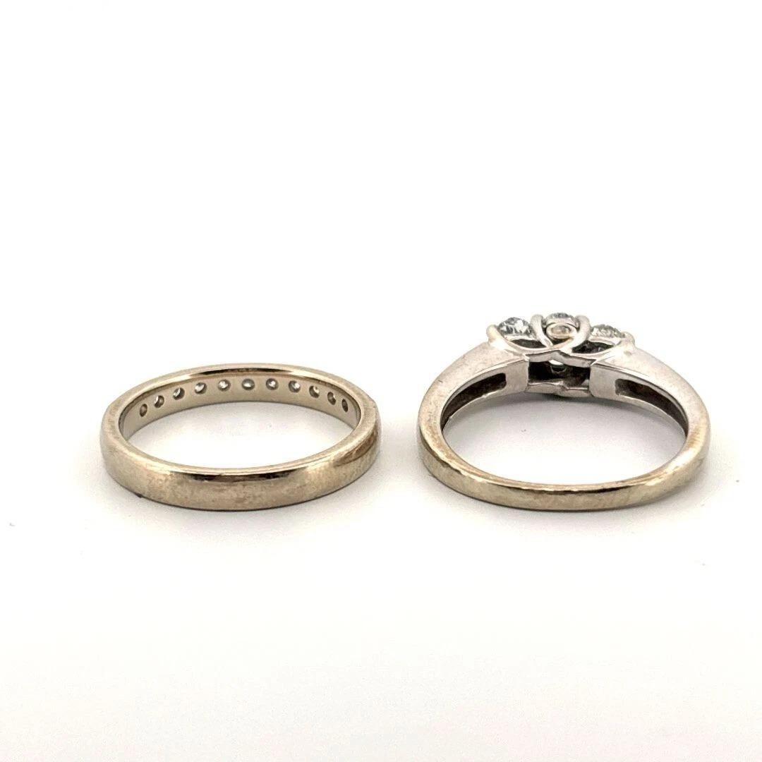 Oval Cut Natural Oval & Round 1.25CTW 14K White Diamond Three Stone Channel Wedding Set For Sale