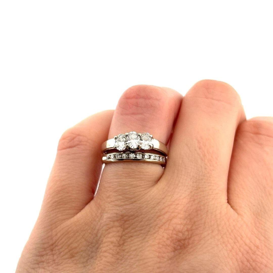 Natural Oval & Round 1.25CTW 14K White Diamond Three Stone Channel Wedding Set For Sale 1