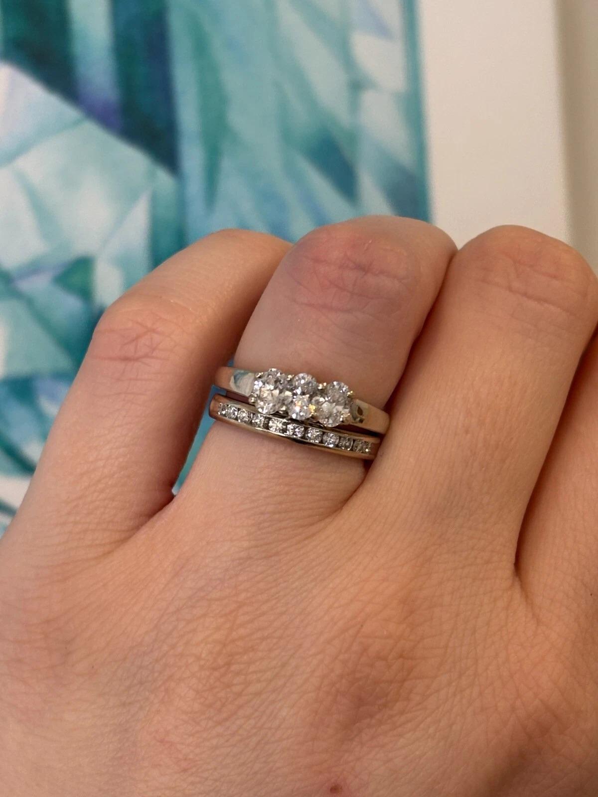 Natural Oval & Round 1.25CTW 14K White Diamond Three Stone Channel Wedding Set For Sale 2