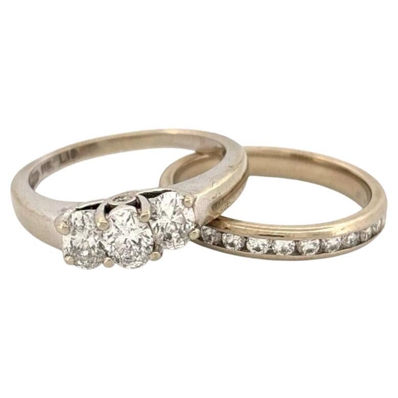Natural Oval & Round 1.25CTW 14K White Diamond Three Stone Channel Wedding Set For Sale
