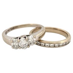 Natural Oval & Round 1.25CTW 14K White Diamond Three Stone Channel Wedding Set