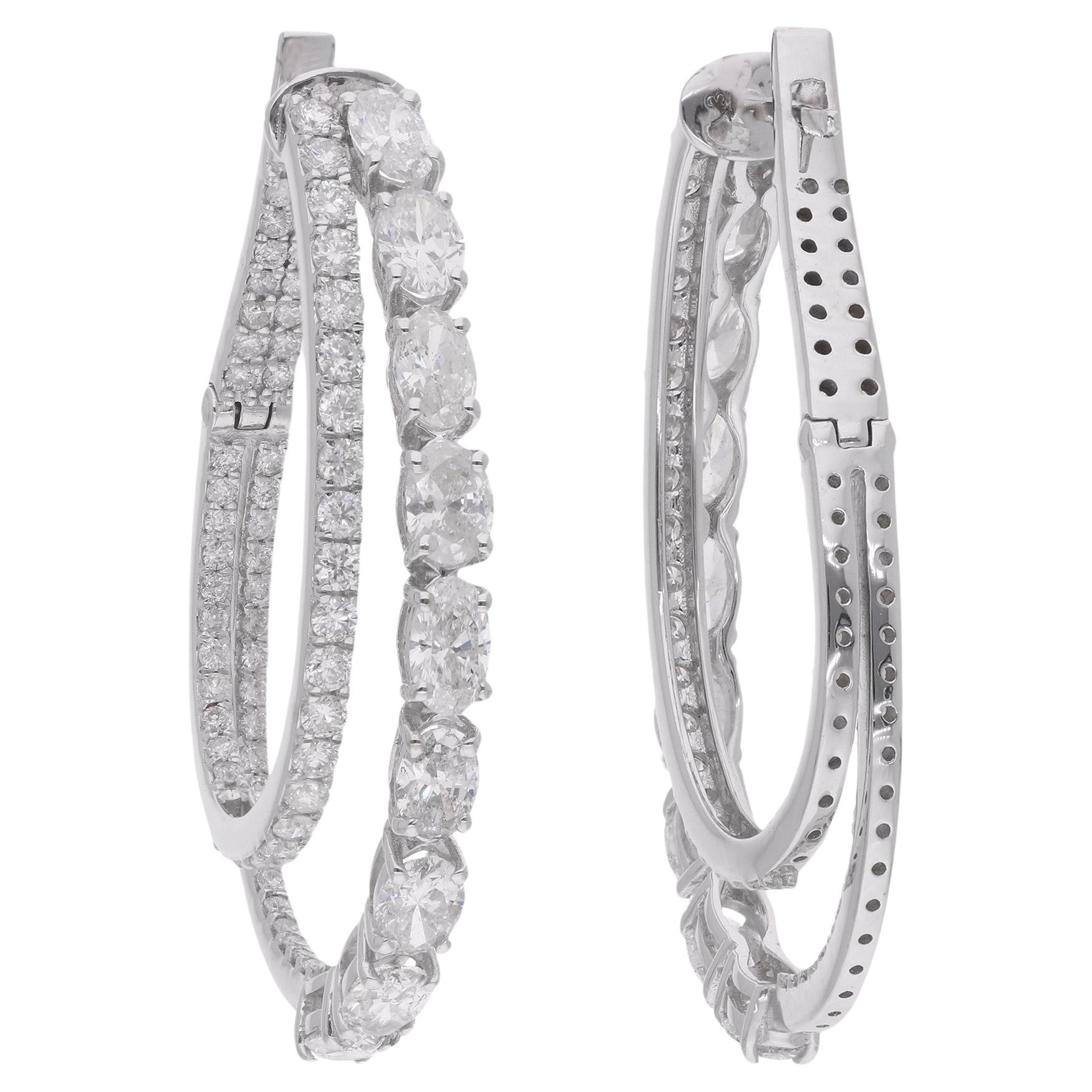 Natural Oval & Round Diamond Hoop Earrings 14 Karat White Gold Handmade Jewelry