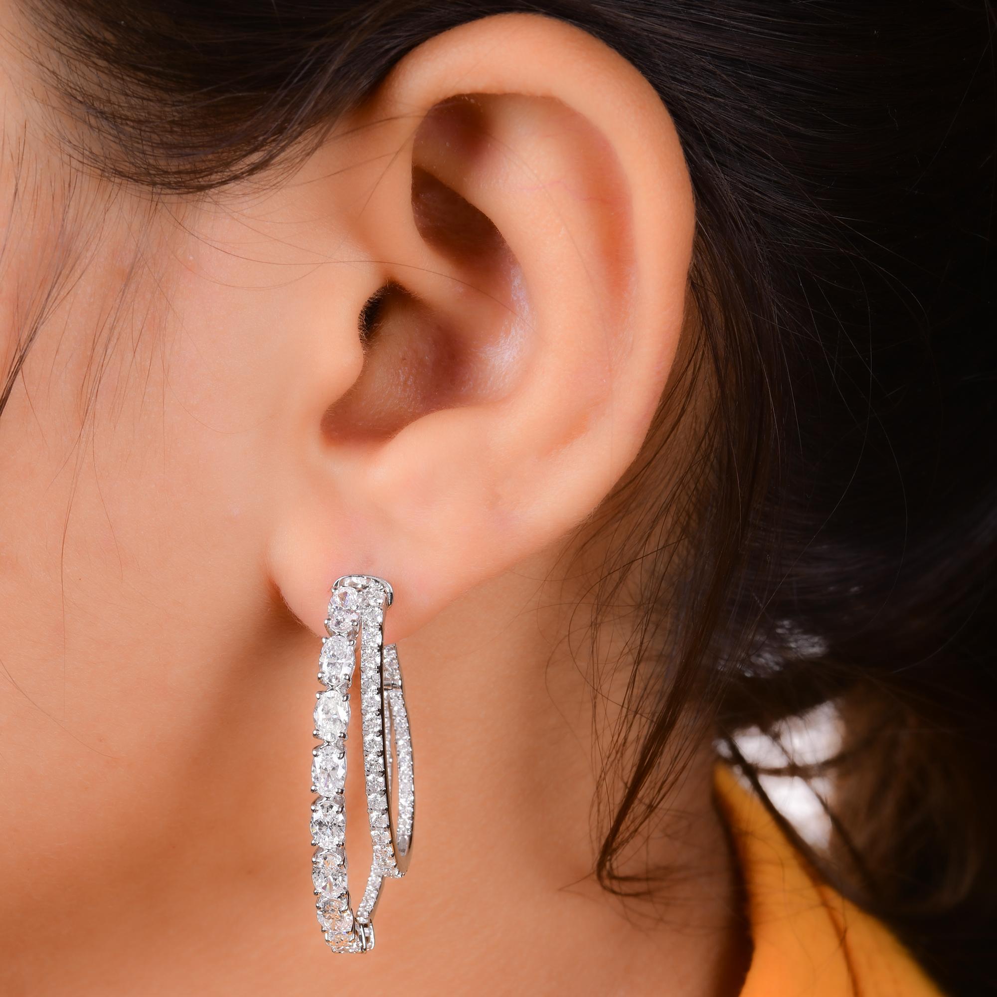 Modern Natural Oval & Round Diamond Hoop Earrings 18 Karat White Gold Handmade Jewelry For Sale