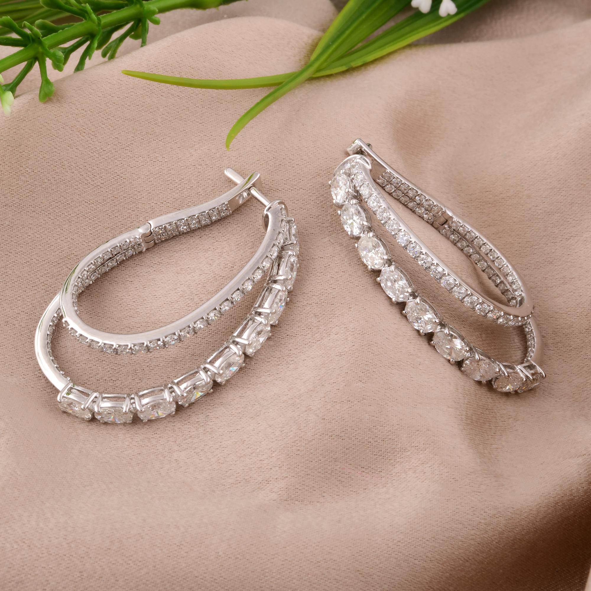 Oval Cut Natural Oval & Round Diamond Hoop Earrings 18 Karat White Gold Handmade Jewelry For Sale