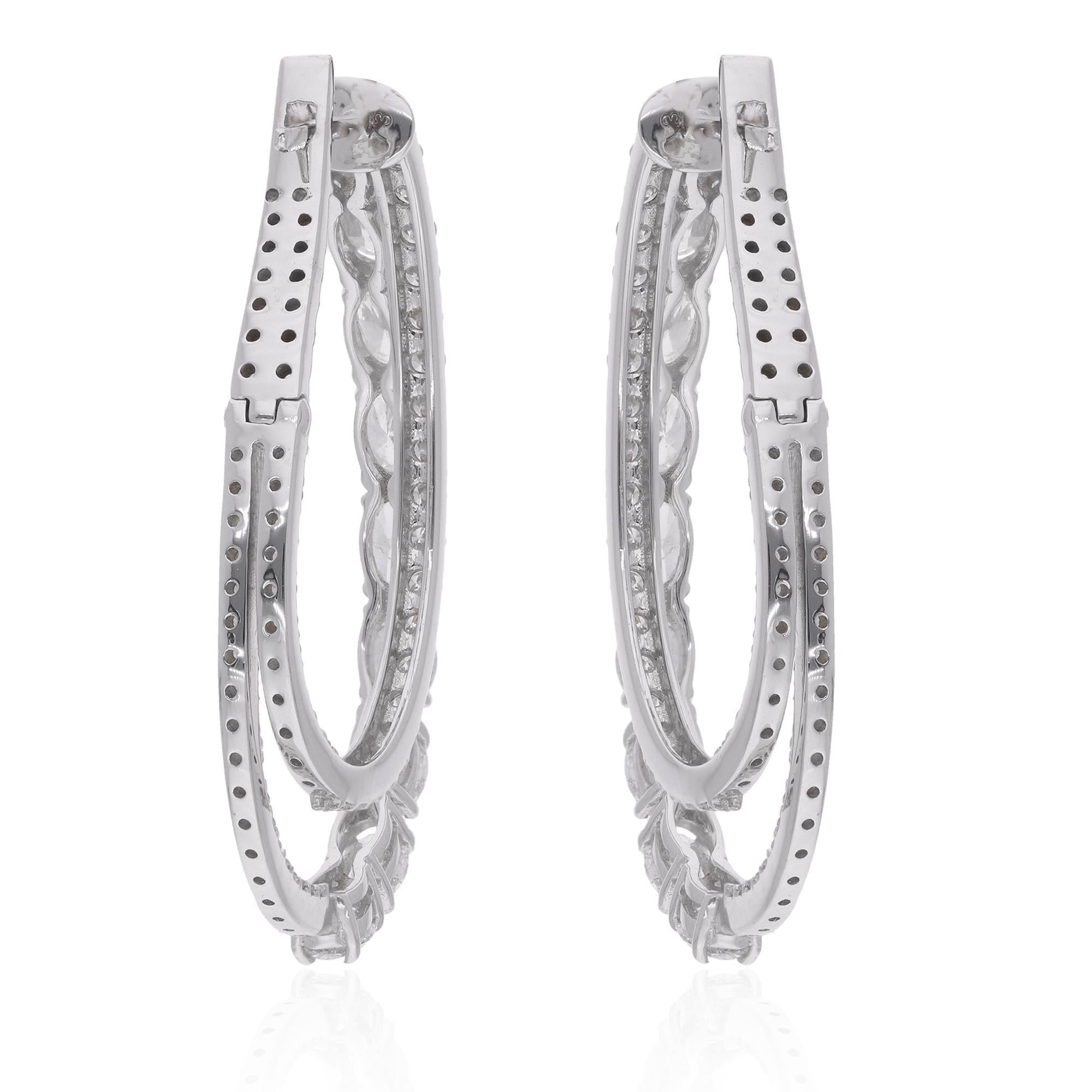Women's Natural Oval & Round Diamond Hoop Earrings 18 Karat White Gold Handmade Jewelry For Sale