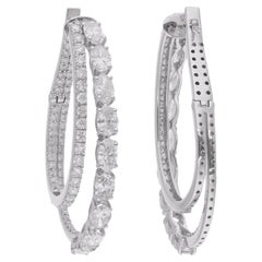 Natural Oval & Round Diamond Hoop Earrings 18 Karat White Gold Handmade Jewelry