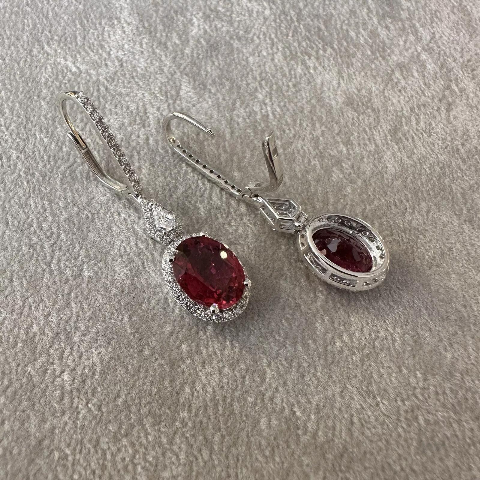 Oval Cut Natural Oval Rubellite and Diamond Drop Earrings in 18k White Gold For Sale