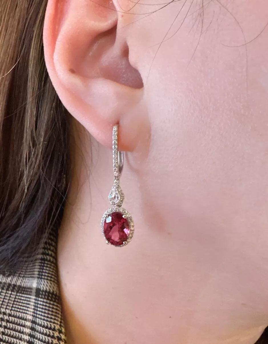 Natural Oval Rubellite and Diamond Drop Earrings in 18k White Gold In Excellent Condition For Sale In La Jolla, CA