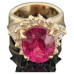 Natural Oval Rubellite Tourmaline Ring 6.90ct & 2CTW Diamonds 14K Yellow Sz 6.5