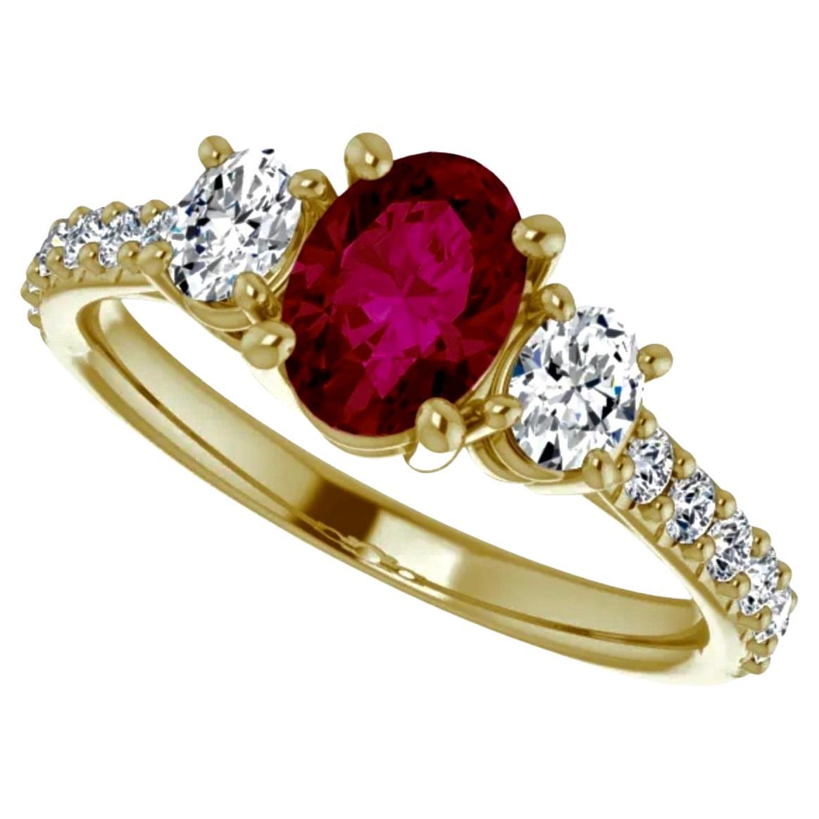 Bague de fiançailles rubis ovale naturel et diamant or jaune 18k Unisexe en vente