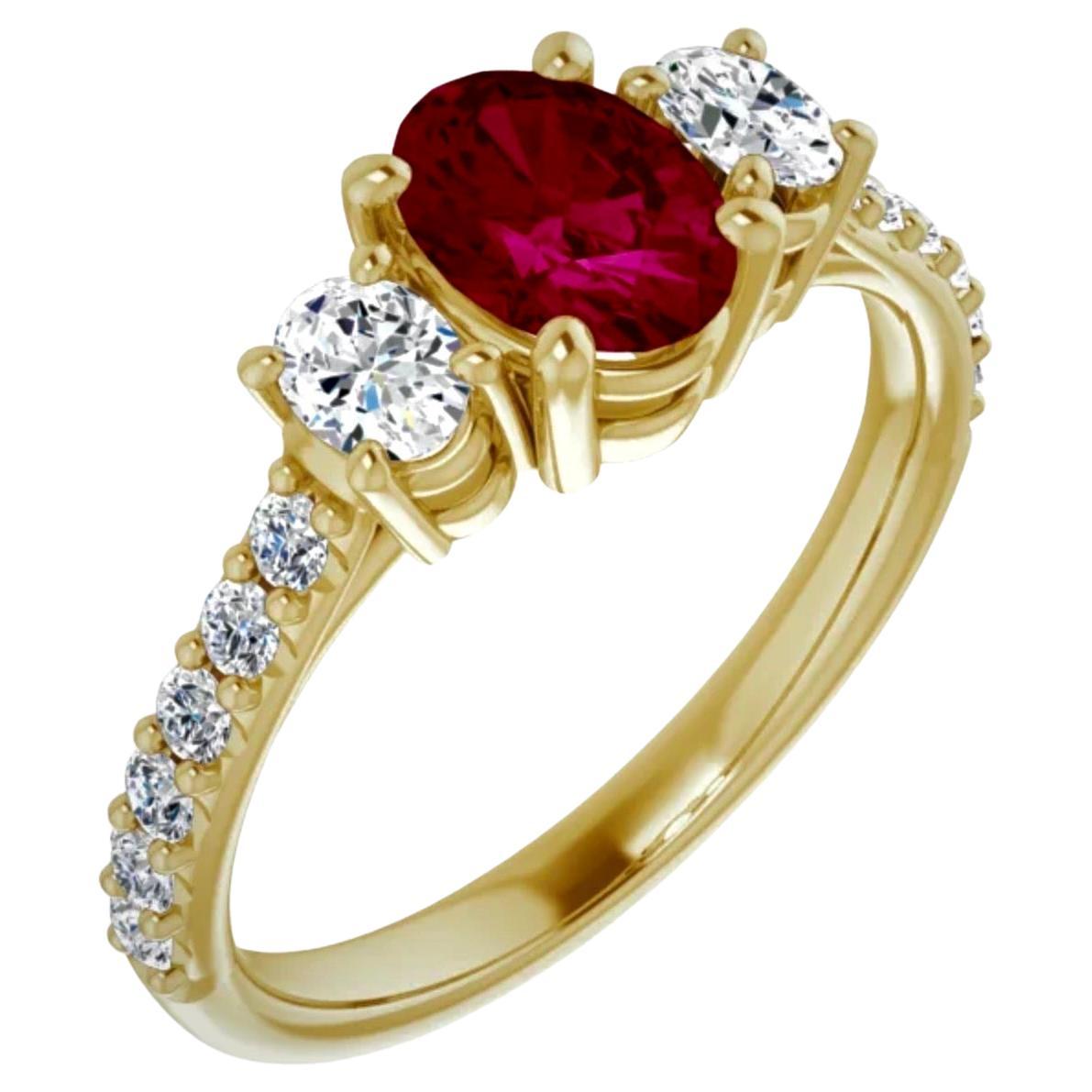 Bague de fiançailles rubis ovale naturel et diamant or jaune 18k en vente