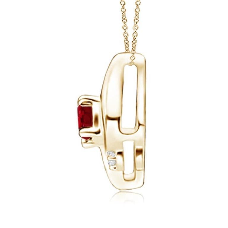 This gorgeous ruby solitaire pendant features an alluring conch-like frame within which sits a prong set, purplish red ruby. Sparkling round diamond accents add to the overall allure of the design. This tilted oval ruby pendant is designed in