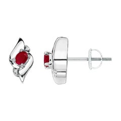Natural Oval Ruby and Diamond Shell Stud Earrings in 14K White Gold (4x3mm)