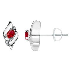 Natural Oval Ruby and Diamond Shell Stud Earrings in 14K White Gold (4x3mm)