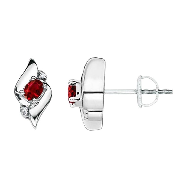 Natural Oval Ruby and Diamond Shell Stud Earrings in 14K White Gold (4x3mm)