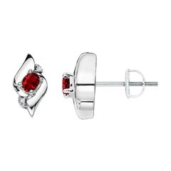 Natural Oval Ruby and Diamond Shell Stud Earrings in 14K White Gold (4x3mm)