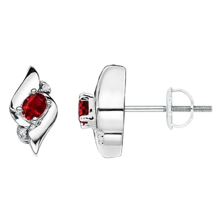 Natural Oval Ruby and Diamond Shell Stud Earrings in Platinum (4x3mm)