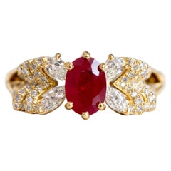 Natural Oval Ruby and Marquise Diamond Butterfly Engagement Ring in Yellow Gold