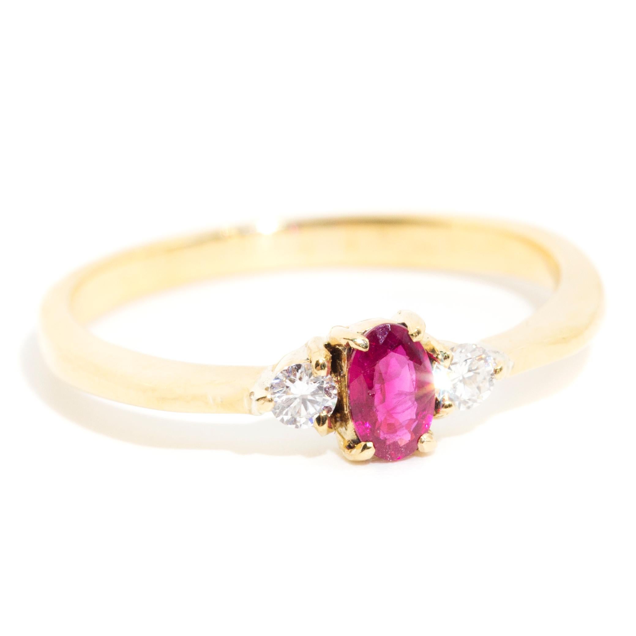 Modern Natural Oval Ruby and Round Brilliant Diamond 14 Carat Vintage Three Stone Ring