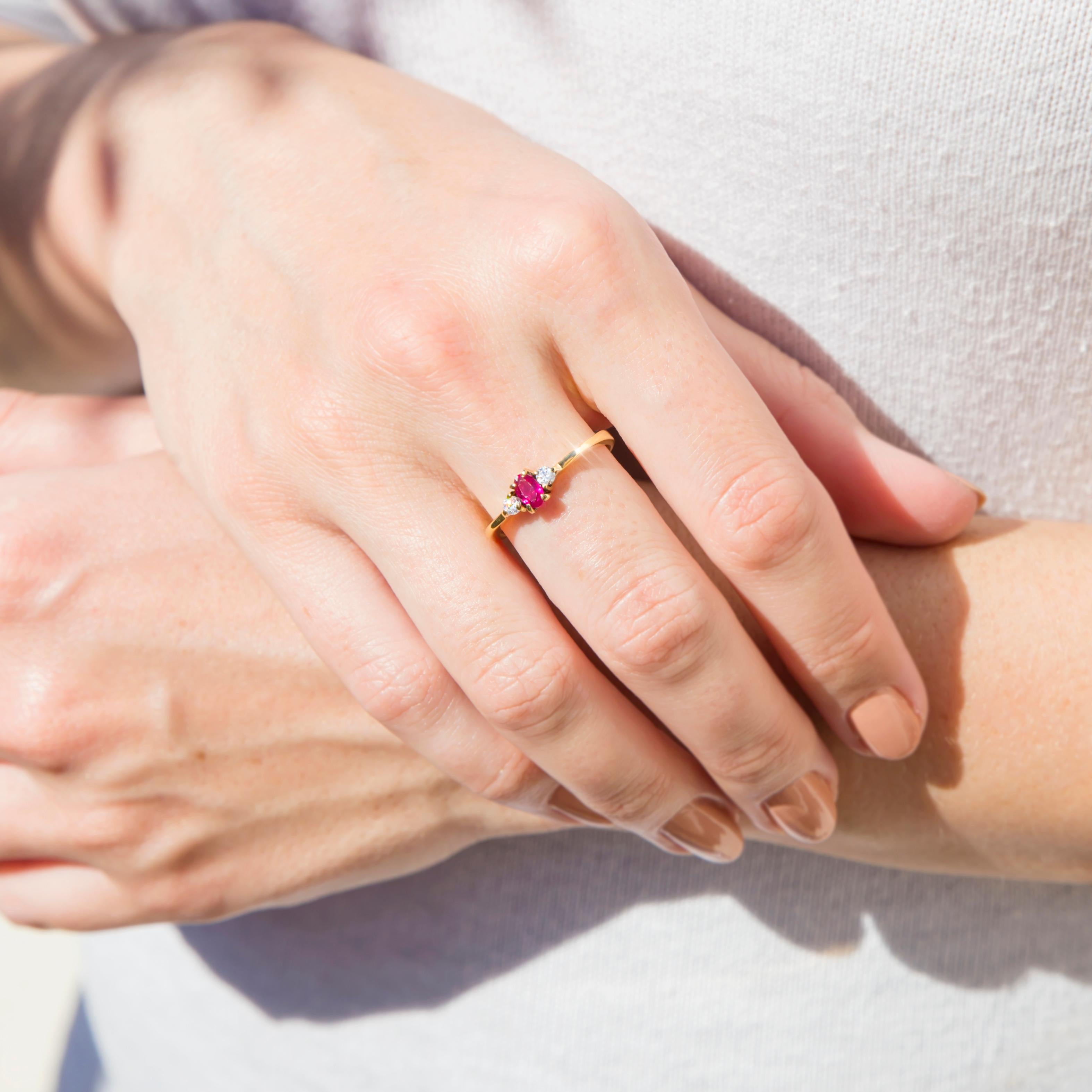 Oval Cut Natural Oval Ruby and Round Brilliant Diamond 14 Carat Vintage Three Stone Ring